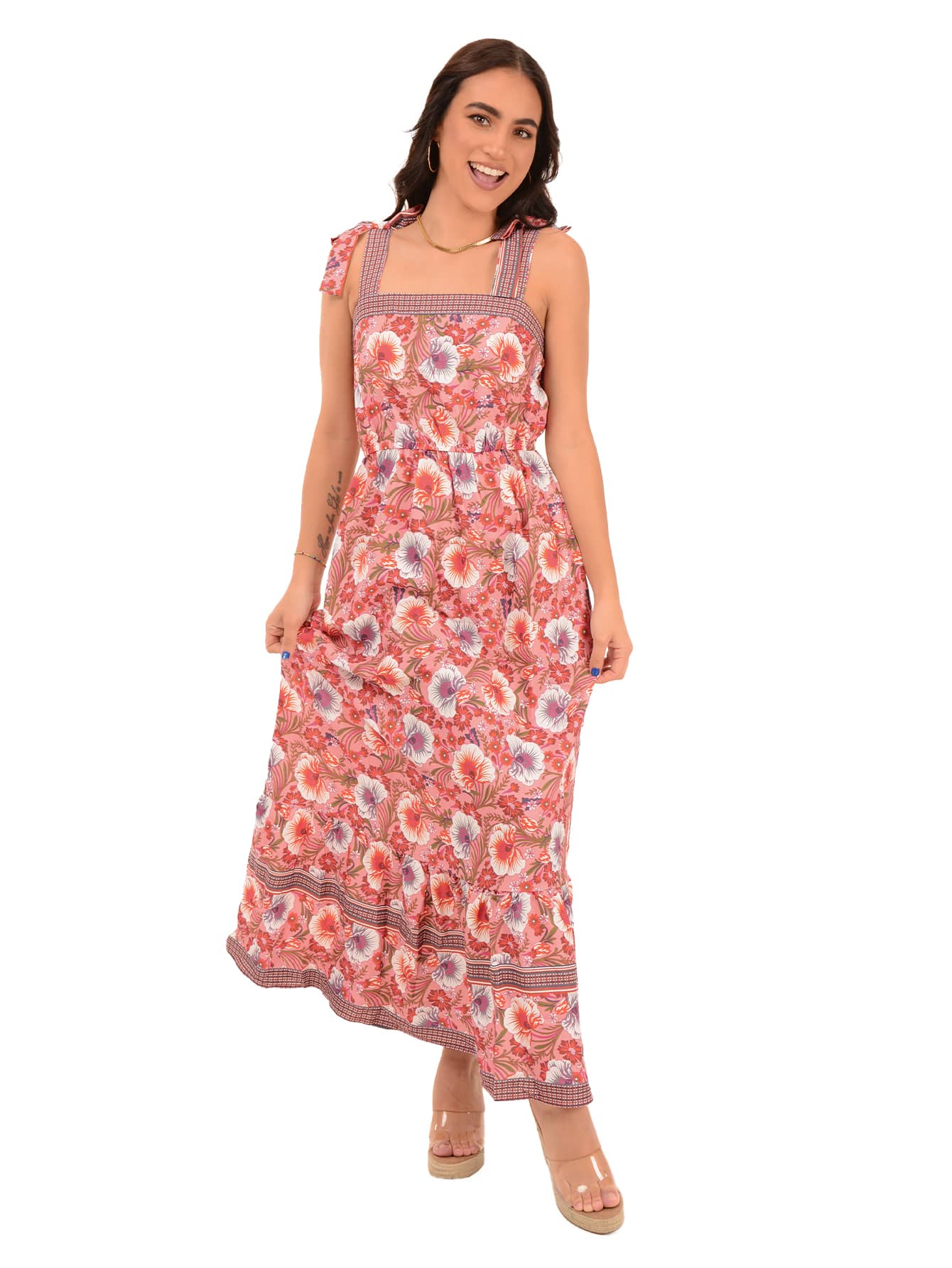 Vestido de tirantes con estampado floral largo - Rosa - Ver 1