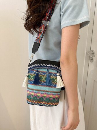 流蘇裝飾雙色桶包