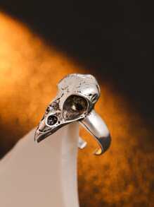 1pc Gothic Style Crow & Skull Open Ring With Atmospheric Elements - Antique Silver - View 1