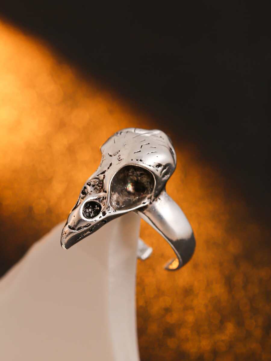 1pc Gothic Style Crow & Skull Open Ring With Atmospheric Elements - Antique Silver - View 1