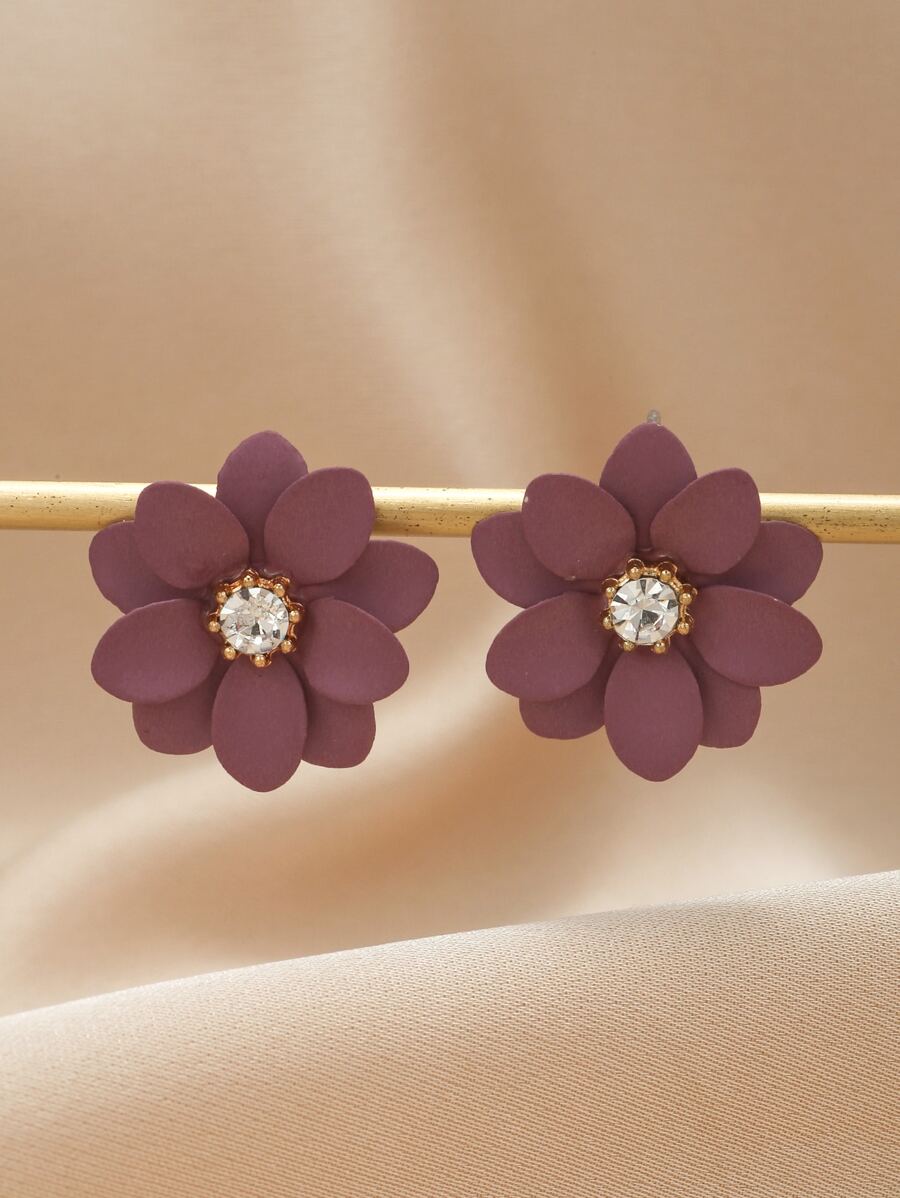 Pendientes de botón con flores decoradas con rhinestones, ideal para San Valentín, mamá, madre, Día de la Madre, regalo - Morado - Ver 1