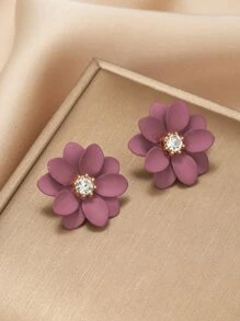 Pendientes de botón con flores decoradas con rhinestones, ideal para San Valentín, mamá, madre, Día de la Madre, regalo - Morado - Ver 3