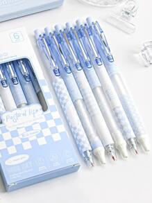 6pcs Checkerboard Gel Pens Set Only Cream Check Series 0.5mm Ballpoint Black Color Ink For Writing Back To School - Blue - View 12