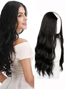 Extensión del pelo en forma de V sintético con onda onda de agua textura con 5 clips - Negro - Ver 1