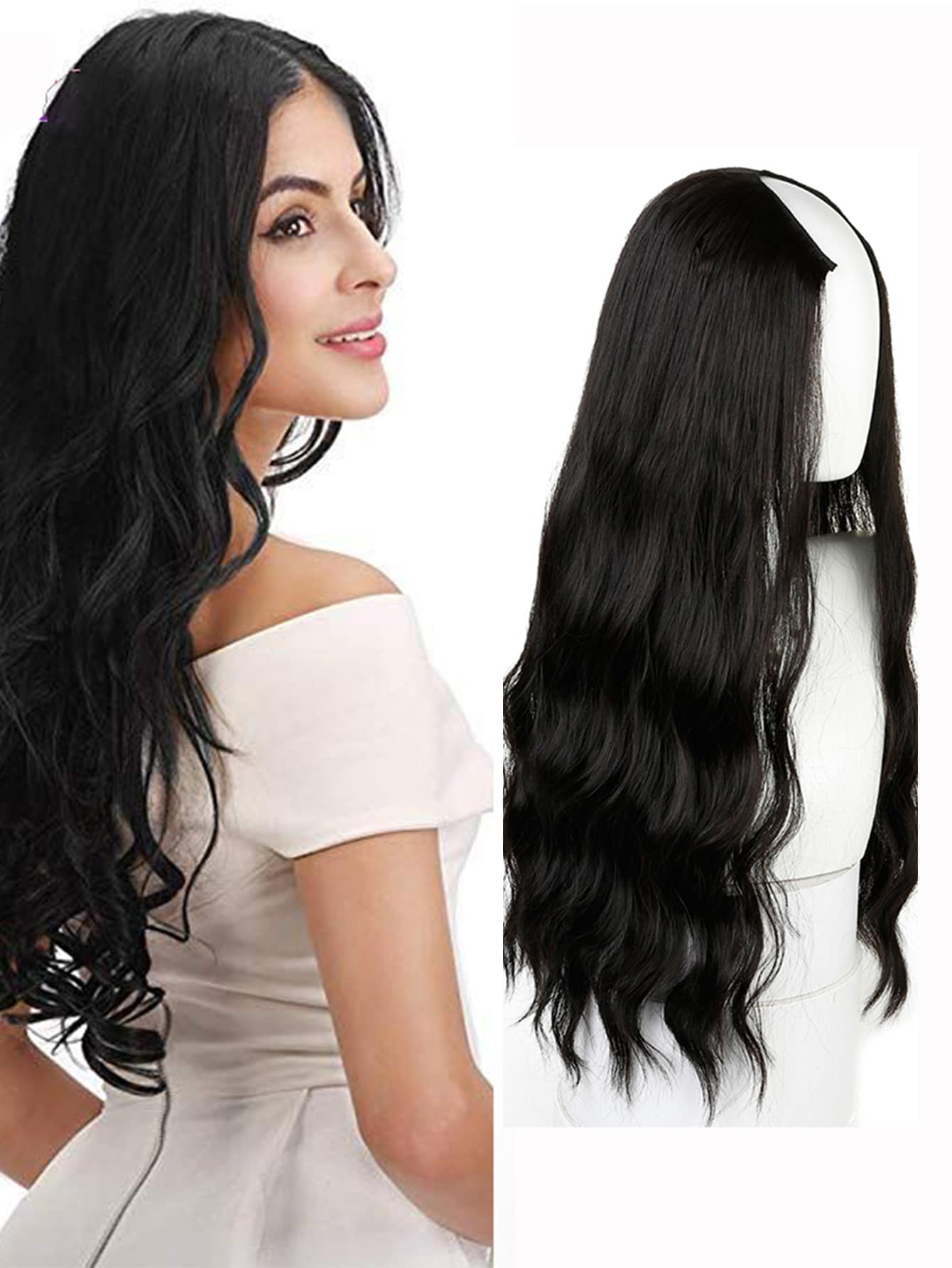 Extensión del pelo en forma de V sintético con onda onda de agua textura con 5 clips - Negro - Ver 1