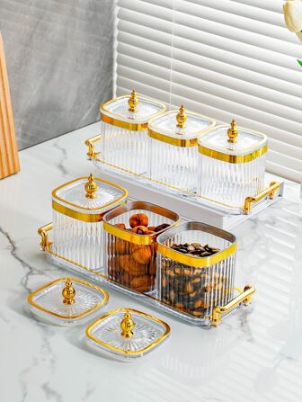 1 Set Decorative Glass Storage Jar With Handle And Tray