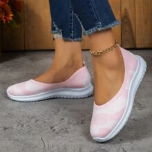 Light Pink Knitted Flat Shoes With Round Toe - Baby Pink - View 1