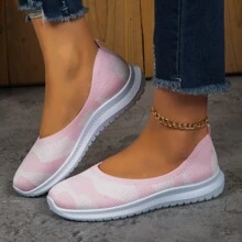 Light Pink Knitted Flat Shoes With Round Toe - Baby Pink - View 4