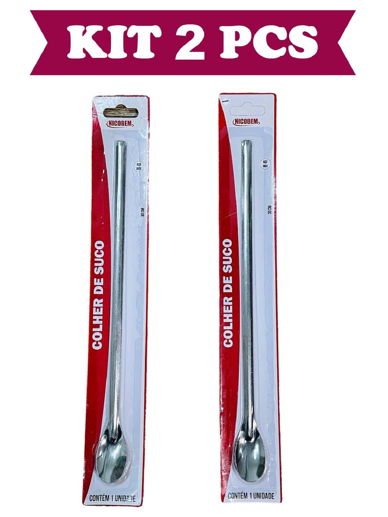 Kit 2 Pcs Colher Bailarina Para Suco Drinks Em Aço Inox 30cm - Cinza - Visão 1