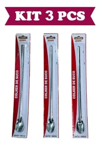 Kit 3 Pcs Colher Bailarina Para Suco Drinks Em Aço Inox 30cm - Cinza - Visão 1