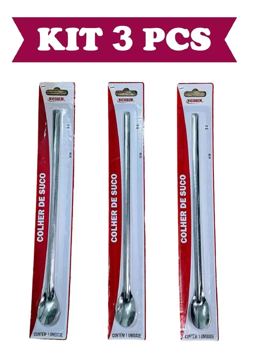 Kit 3 Pcs Colher Bailarina Para Suco Drinks Em Aço Inox 30cm - Cinza - Visão 1