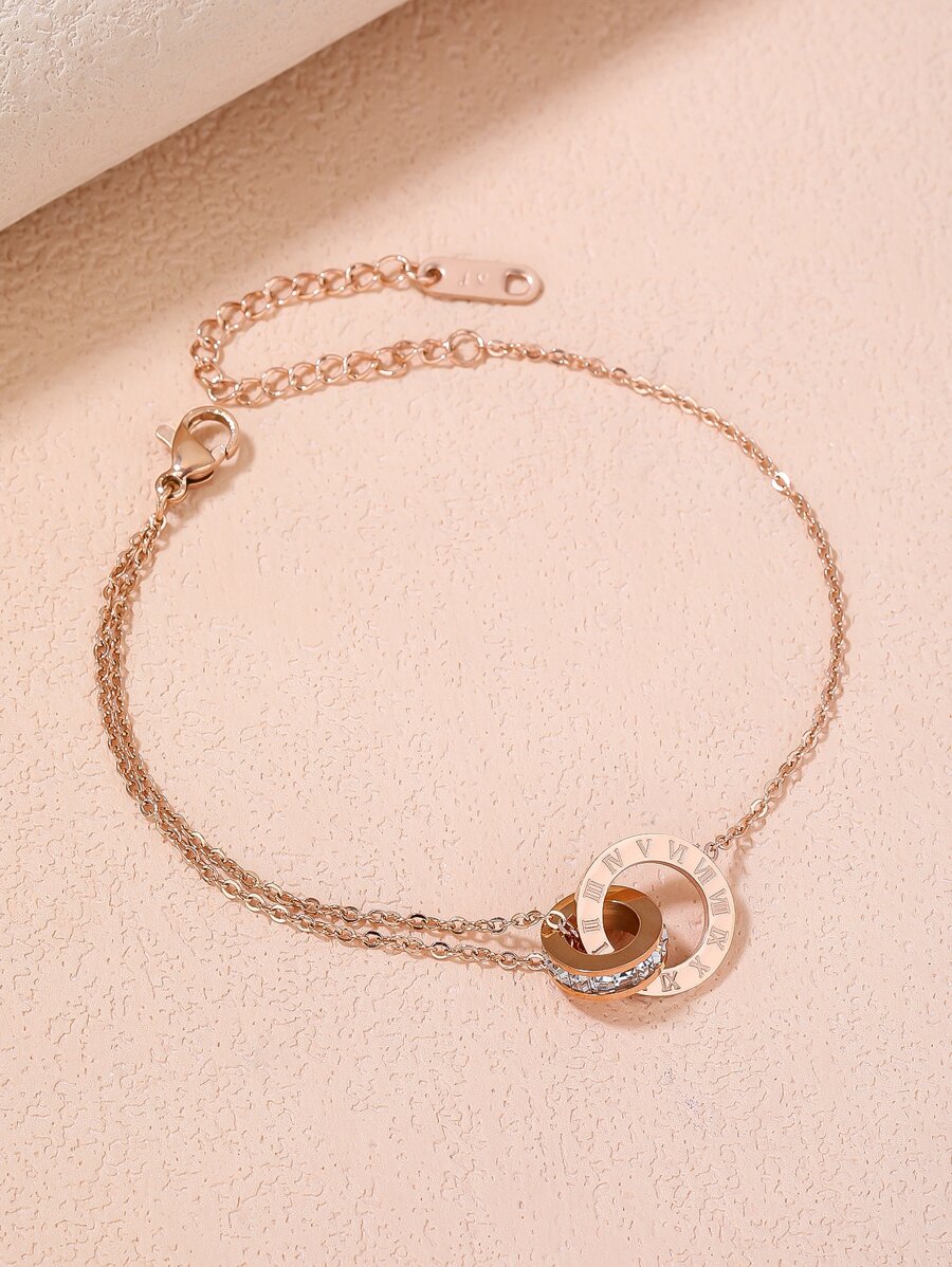 1入組時尚不銹鋼方晶鋯石裝飾雙環圓形手鏈適合女士日常裝飾