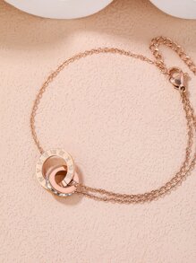 1入組時尚不銹鋼方晶鋯石裝飾雙環圓形手鏈適合女士日常裝飾