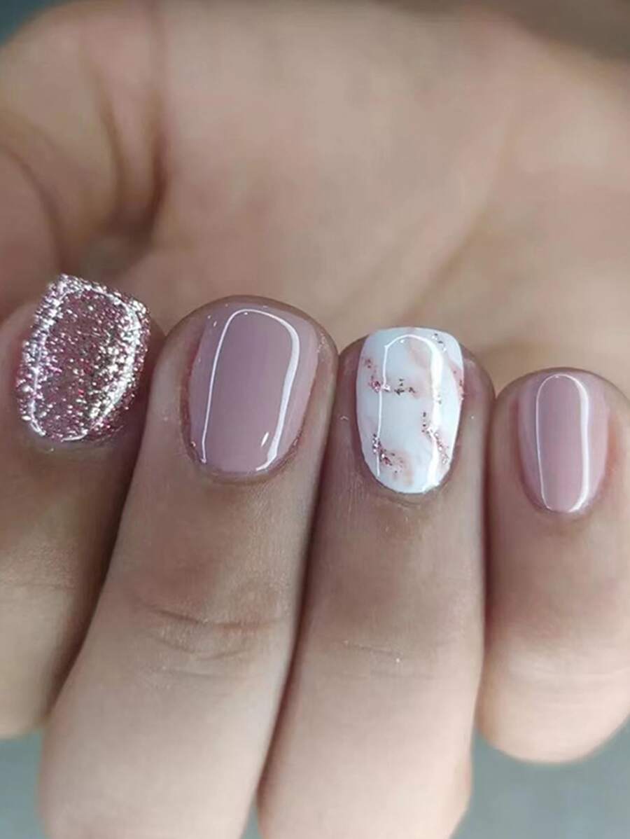 24pcs Short Glitter False Nails With 1pc Nail File And 1pc Jelly Glue Press On Nails Nail Supplies - Multicolor - View 1