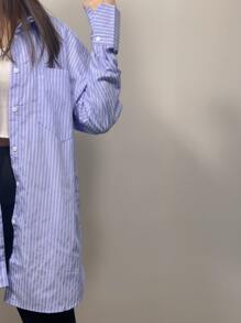 LA PRINCESA Camisa con estampado de rayas de hombros caídos - Azul - Ver 4