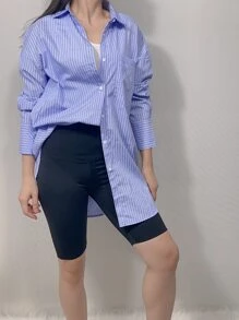 LA PRINCESA Camisa con estampado de rayas de hombros caídos - Azul - Ver 2