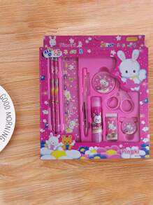 9pcs Cartoon Graphic Stationery Gift Set, Cute Multi-purpose Pencil Eraser Ruler Pencil Sharpener Scissors Set For Children, Student - Pink - View 5