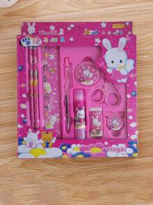 9pcs Cartoon Graphic Stationery Gift Set, Cute Multi-purpose Pencil Eraser Ruler Pencil Sharpener Scissors Set For Children, Student - Pink - View 1