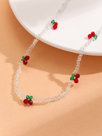 1入組可愛風格3MM透明玻璃珠子,紅色的櫻桃&龍蝦扣串珠項鏈適合女孩,節日禮物