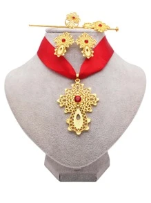 迪拜鍍金新娘配件珠寶套裝,紅寶石十字形紅繩項鍊耳環髮夾戒指禮物婚禮珠寶套裝（女款） - 紅色 - 查看 1