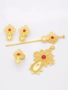 迪拜鍍金新娘配件珠寶套裝,紅寶石十字形紅繩項鍊耳環髮夾戒指禮物婚禮珠寶套裝（女款） - 紅色 - 查看 2