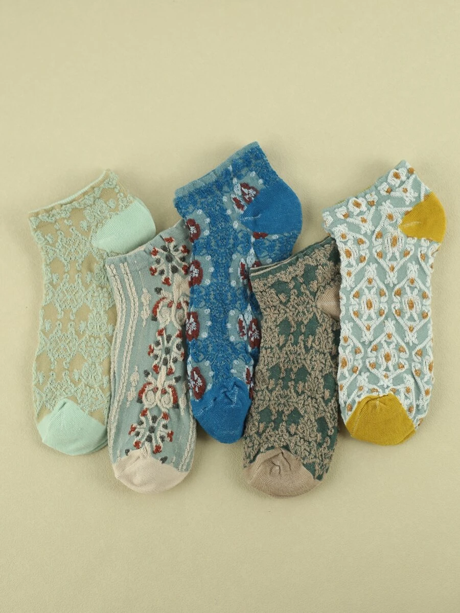5雙花卉圖案短襪 - 彩色 - 查看 1