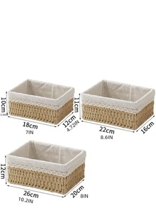 1pc Lace Decor Woven Desktop Storage - Beige - View 4