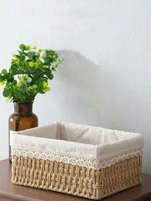 1pc Lace Decor Woven Desktop Storage - Beige - View 1