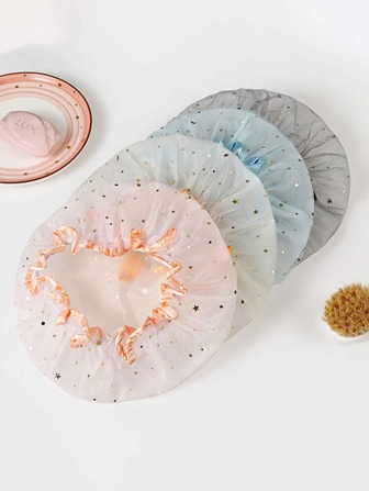 1 件随机双层加厚星形防水浴帽，适合女士，可爱韩式浴帽，适合家用，也适合厨房烹饪返校