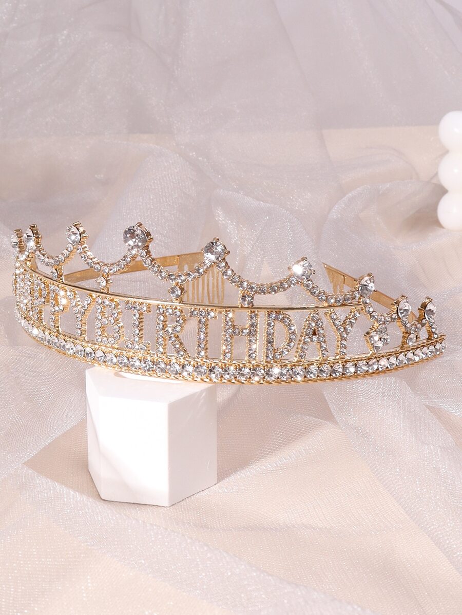 新娘珠寶水晶皇冠髮飾，適用於生日/婚禮新娘禮服，鋅合金材質，優雅派對頭飾 - 金色 - 查看 1