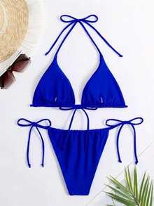 Bañador bikini unicolor con cordón lateral - Azul - Ver 2