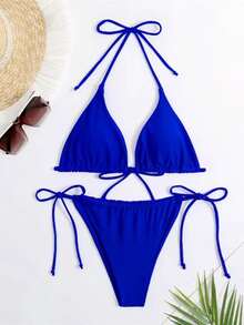 Bañador bikini unicolor con cordón lateral - Azul - Ver 3