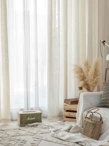 1入組復古日式亞麻混紡木紋紗簾，半透明防塵 - 米色 - 查看 9