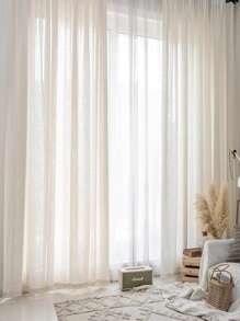 1入組復古日式亞麻混紡木紋紗簾，半透明防塵 - 米色 - 查看 5