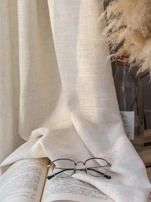 1入組復古日式亞麻混紡木紋紗簾，半透明防塵 - 米色 - 查看 4