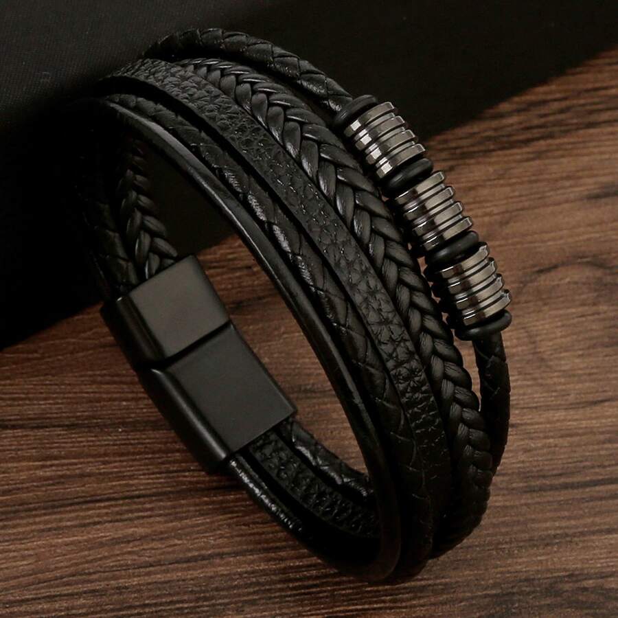 1Pc Black Knitted Bracelet With Magnetic Clasp For Men For A Stylish Look Gift For Party - Black - View 1