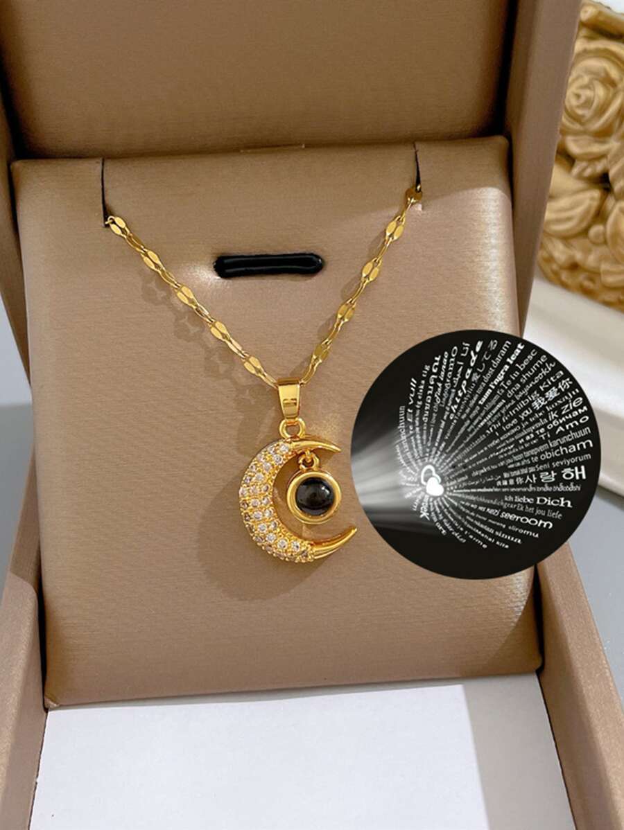 1 pieza Collar de acero inoxidable con diseño de estrella y luna con "Te amo" en 100 idiomas, sin caja de regalo - Amarillo Oro - Ver 1