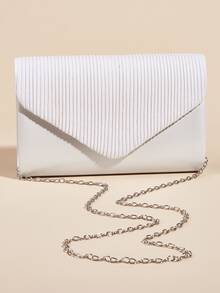 時尚百褶翻蓋手拿包帶金屬鏈帶 - 白色 - 查看 4