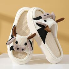 Mujer con diseño de vaca Chanclas de casa , de moda interior lino Zapatillas de peluche - Beis - Ver 4