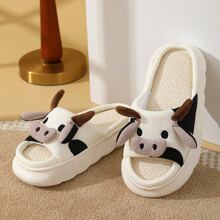 Mujer con diseño de vaca Chanclas de casa , de moda interior lino Zapatillas de peluche - Beis - Ver 3