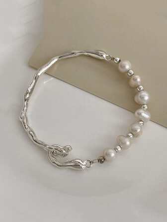 1pc Unique Minimalist Elegant Baroque Freshwater Pearl Branch Texture Combination Pearl Bracelet (Pearl Quantity Varies Due To Handcrafting)
