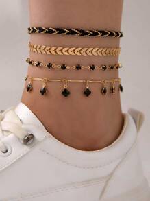 imoli 4 件/套独特合金 & 油滴三叶草 & 水钻 & 飞机吊坠链 & 编织绳脚链套装，情人节女士派对礼物 - 黑色 - 查看 2