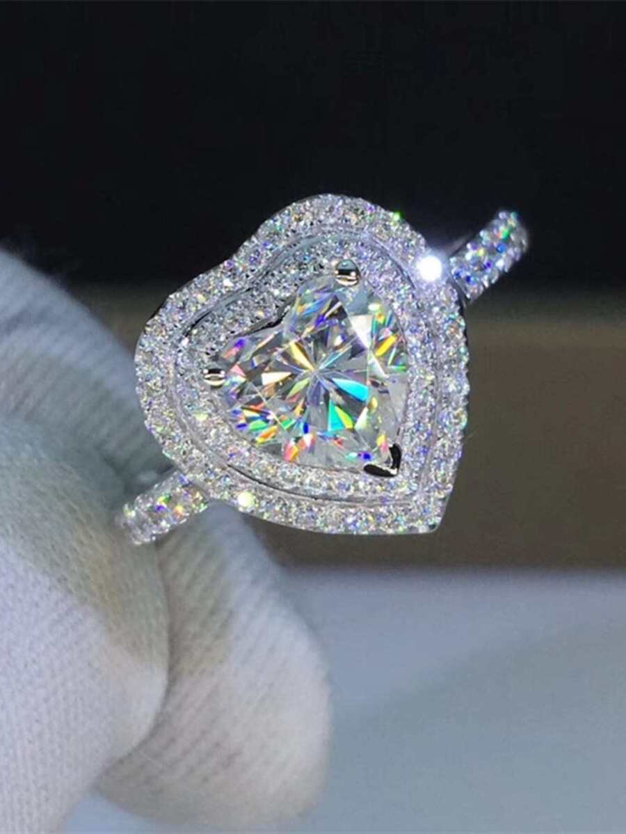 1枚浪漫心形立方氧化锆戒指，女士情人节礼物，适合婚礼、订婚、周年纪念、派对等场合，也适合作为情人节、母亲节礼物送给妈妈。 - 銀色 - 查看 1