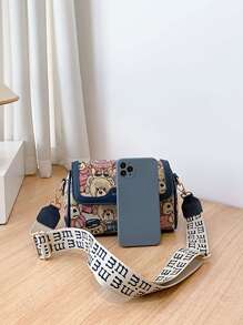 小方包卡通熊紋襟翼式日常小熊提花肩袋,卡通襟翼式筒狀手提包,女士寬帶斜背包（8.66 X 5.51 X 4.33）英寸,可調節帶,適合女孩、女人、大學生禮物袋、假日、戶外、旅行、外出 - 彩色 - 查看 3