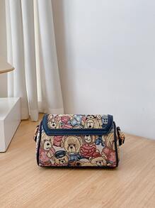 小方包卡通熊紋襟翼式日常小熊提花肩袋,卡通襟翼式筒狀手提包,女士寬帶斜背包（8.66 X 5.51 X 4.33）英寸,可調節帶,適合女孩、女人、大學生禮物袋、假日、戶外、旅行、外出 - 彩色 - 查看 2