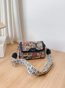 小方包卡通熊紋襟翼式日常小熊提花肩袋,卡通襟翼式筒狀手提包,女士寬帶斜背包（8.66 X 5.51 X 4.33）英寸,可調節帶,適合女孩、女人、大學生禮物袋、假日、戶外、旅行、外出 - 彩色 - 查看 8