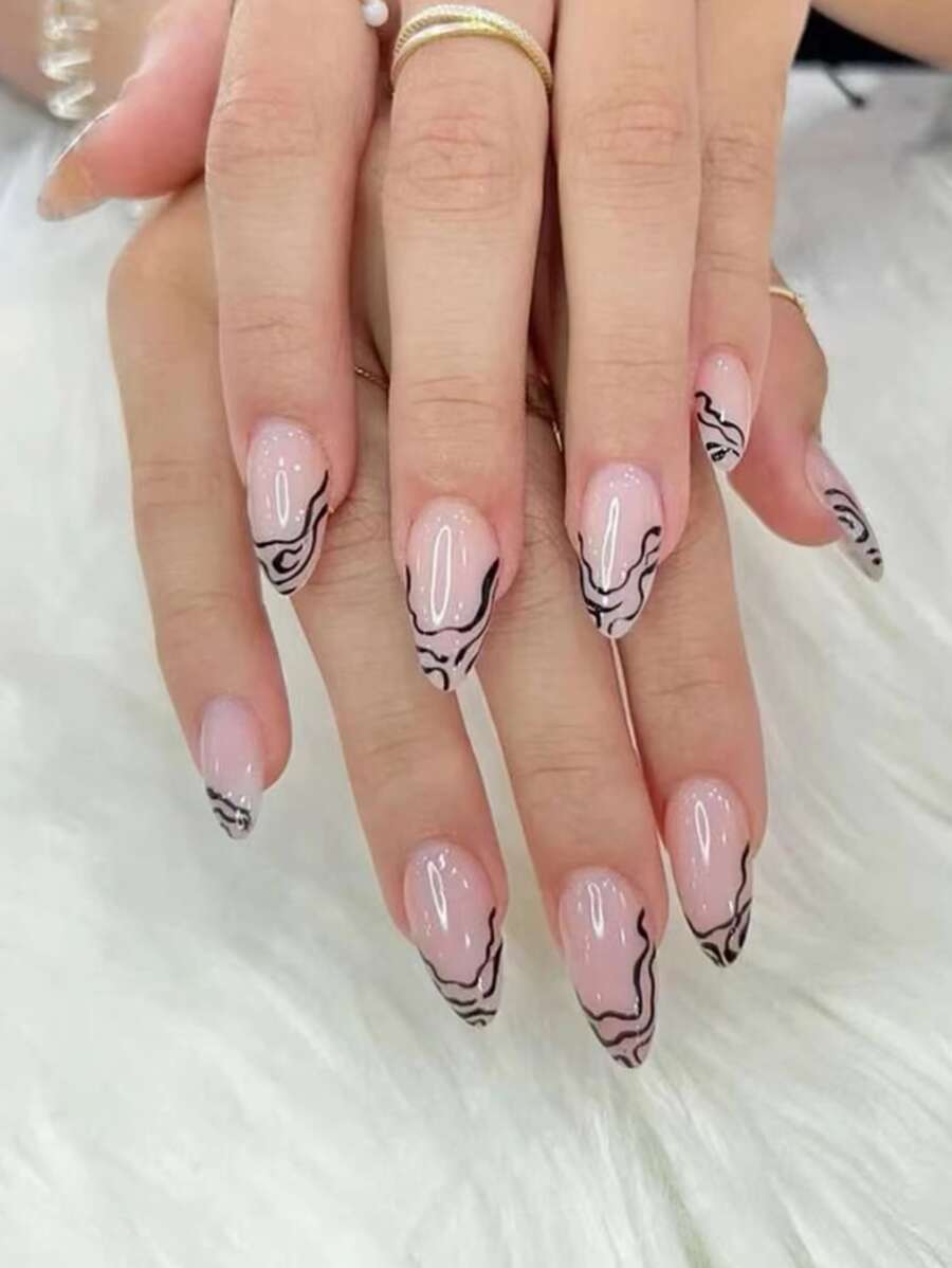 24 cái/bộ Băng-Clear Ngựa vằn & Gợn sóng & Giọt nước mắt Hình dạng Hạnh nhân Móng tay giả Với Thạch Keo dính & Giũa móng tay - Nhiều màu - Xem 1