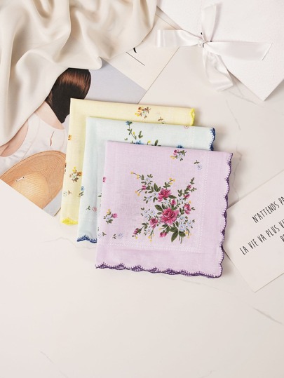1set Of 3 Multicolor Ladies' Printed Handkerchiefs For Daily Use Valentine's Day Valentines