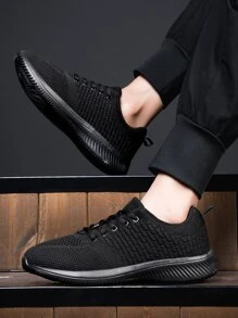 運動黑色跑步鞋適合女士,貼布裝飾繫帶運動鞋 - 黑色 - 查看 5