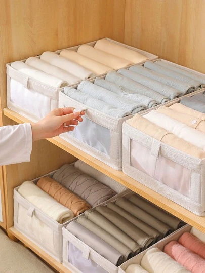 1/2 件带透明窗口的亚麻收纳盒，用于卧室衣柜整理、收纳盒、家庭收纳、女式白色 T 恤、女式黑色裤子、女士冬装、连衣裙、女士冬装、优雅女士连衣裙、女士白色衬衫、长袖、女士白色连体裤、女士春季连衣裙、女士春季服装、春季、春季服装、极简主义、夏季上衣